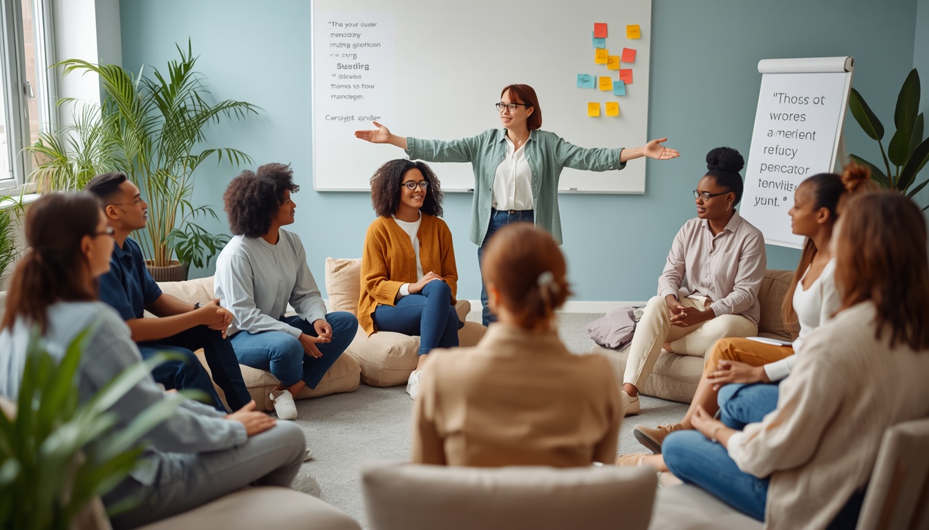 Professional stress management workshop with employees practicing mindfulness techniques
